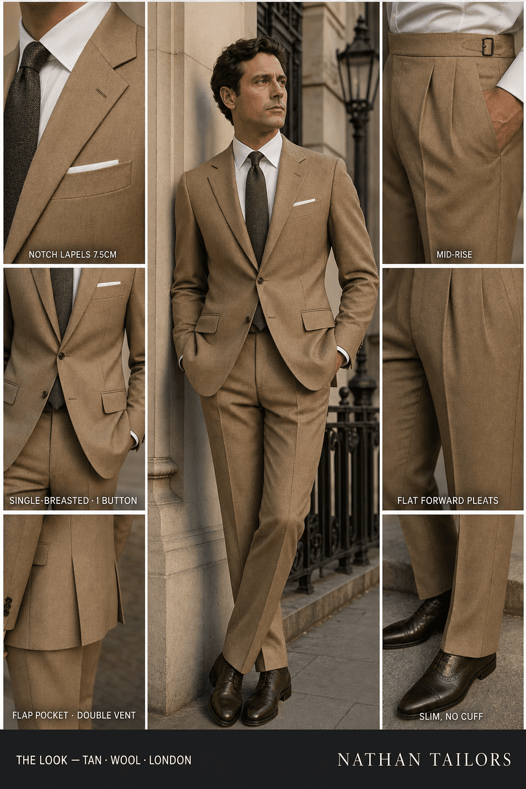 tan single-breasted bespoke suit — custom tailored by Nathan Tailors, the Hoi An custom tailor