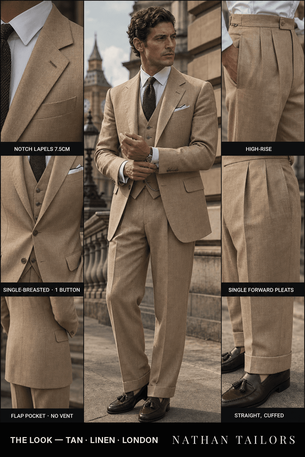 tan single-breasted bespoke suit — custom tailored by Nathan Tailors, the Hoi An custom tailor