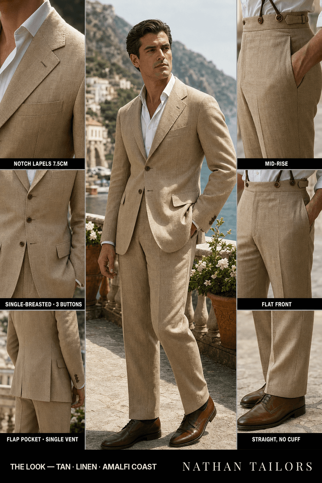 tan single-breasted bespoke suit — custom tailored by Nathan Tailors, the Hoi An custom tailor