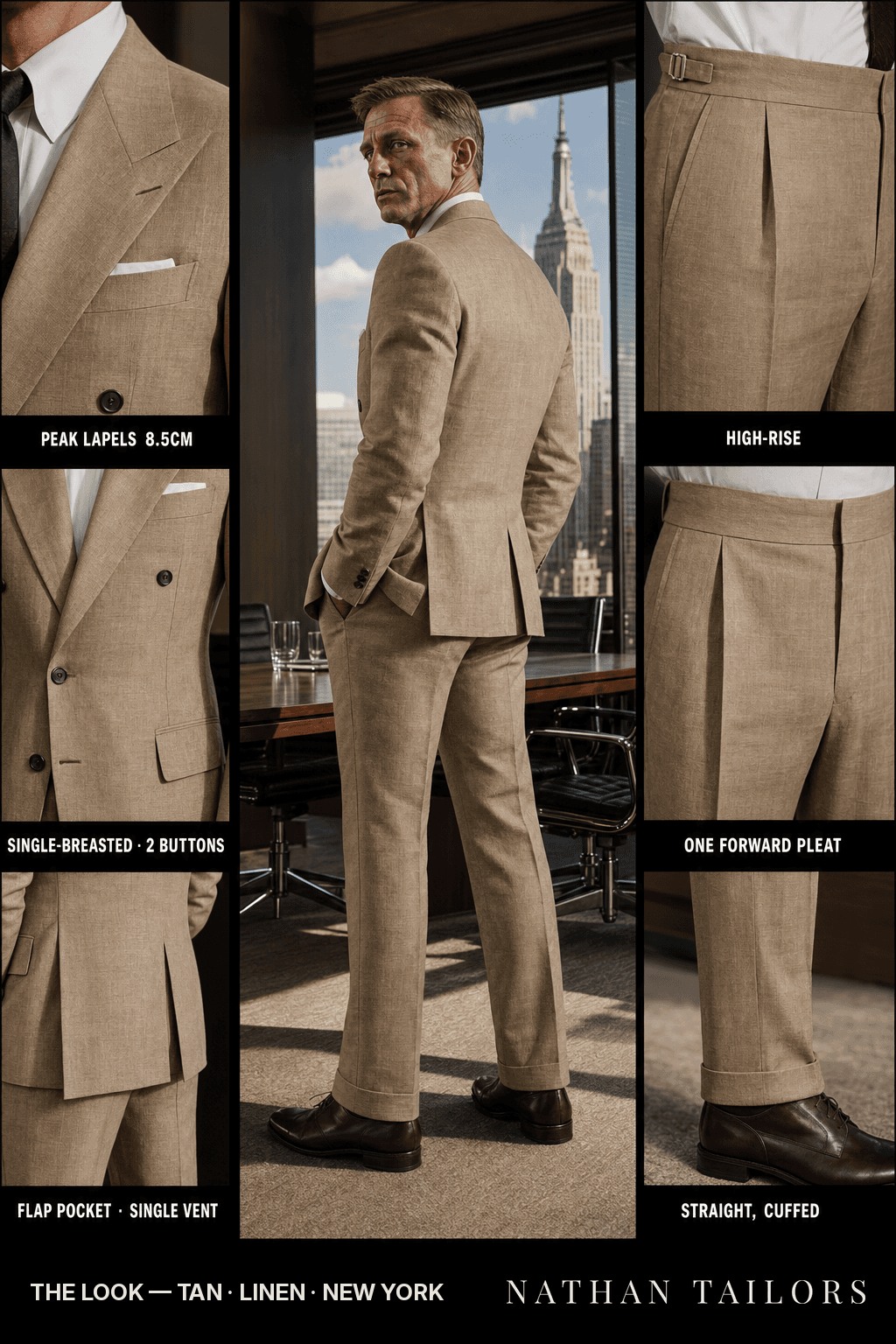 tan single-breasted peak-lapel bespoke suit — AI-rendered by Nathan Tailors, the Hoi An custom tailor. Available as a custom tailored suit from $149.