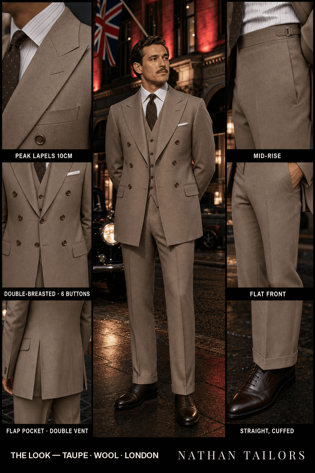 taupe double-breasted bespoke suit — custom tailored by Nathan Tailors, the Hoi An custom tailor