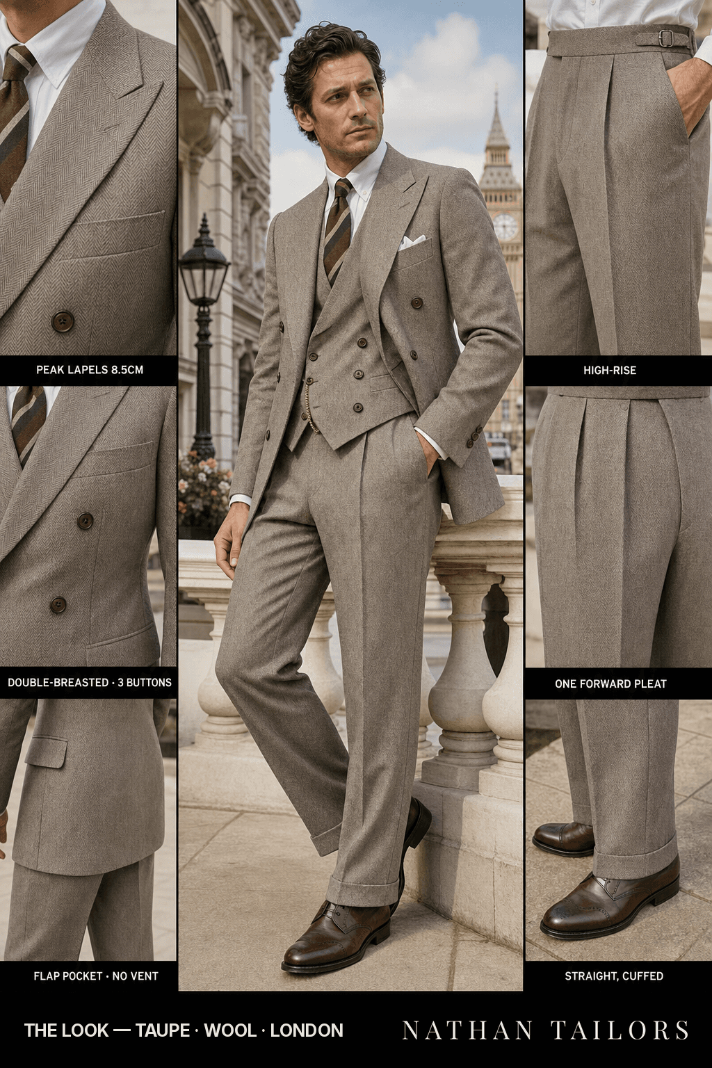 taupe herringbone double-breasted bespoke suit — custom tailored by Nathan Tailors, the Hoi An custom tailor
