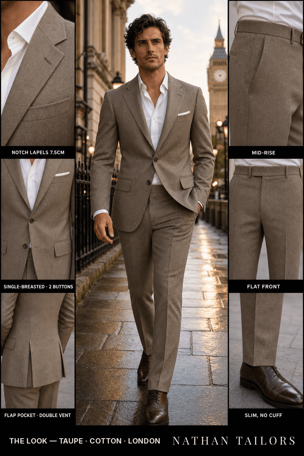 taupe herringbone single-breasted bespoke suit — custom tailored by Nathan Tailors, the Hoi An custom tailor