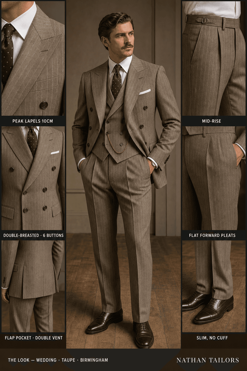 taupe pinstripe double-breasted bespoke suit — custom tailored by Nathan Tailors, the Hoi An custom tailor