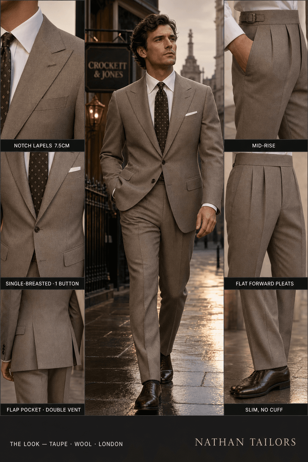 taupe single-breasted bespoke suit — custom tailored by Nathan Tailors, the Hoi An custom tailor
