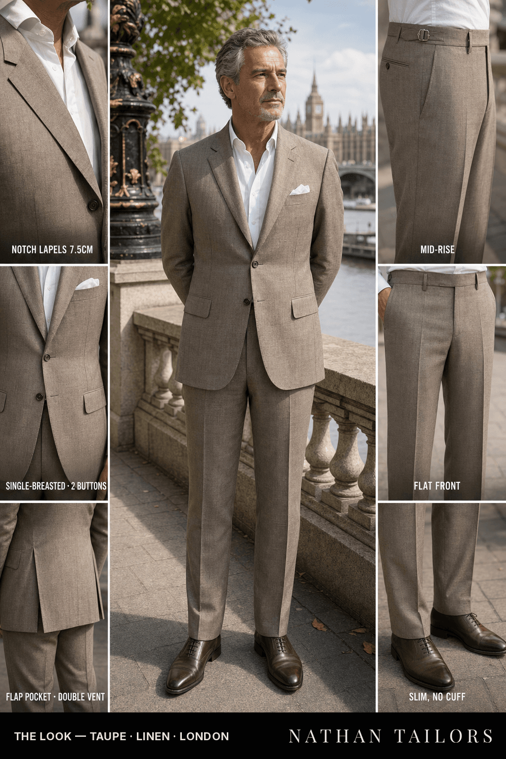 taupe single-breasted bespoke suit — custom tailored by Nathan Tailors, the Hoi An custom tailor