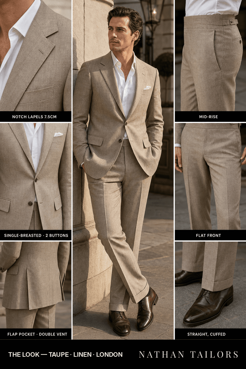 taupe single-breasted bespoke suit — custom tailored by Nathan Tailors, the Hoi An custom tailor