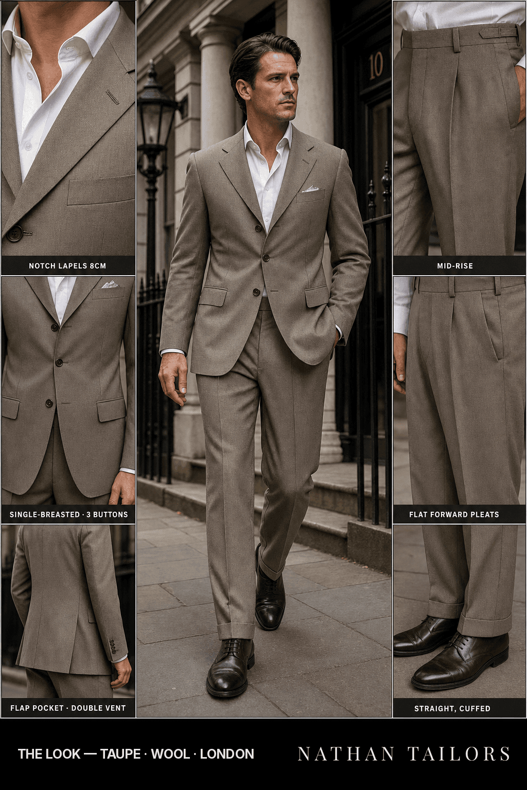 taupe single-breasted bespoke suit — custom tailored by Nathan Tailors, the Hoi An custom tailor