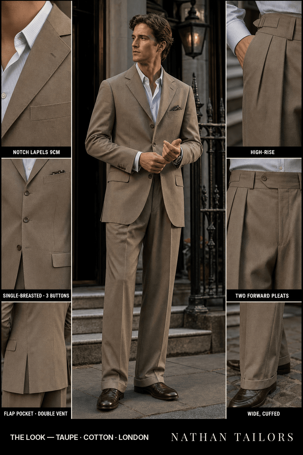 taupe single-breasted bespoke suit — custom tailored by Nathan Tailors, the Hoi An custom tailor