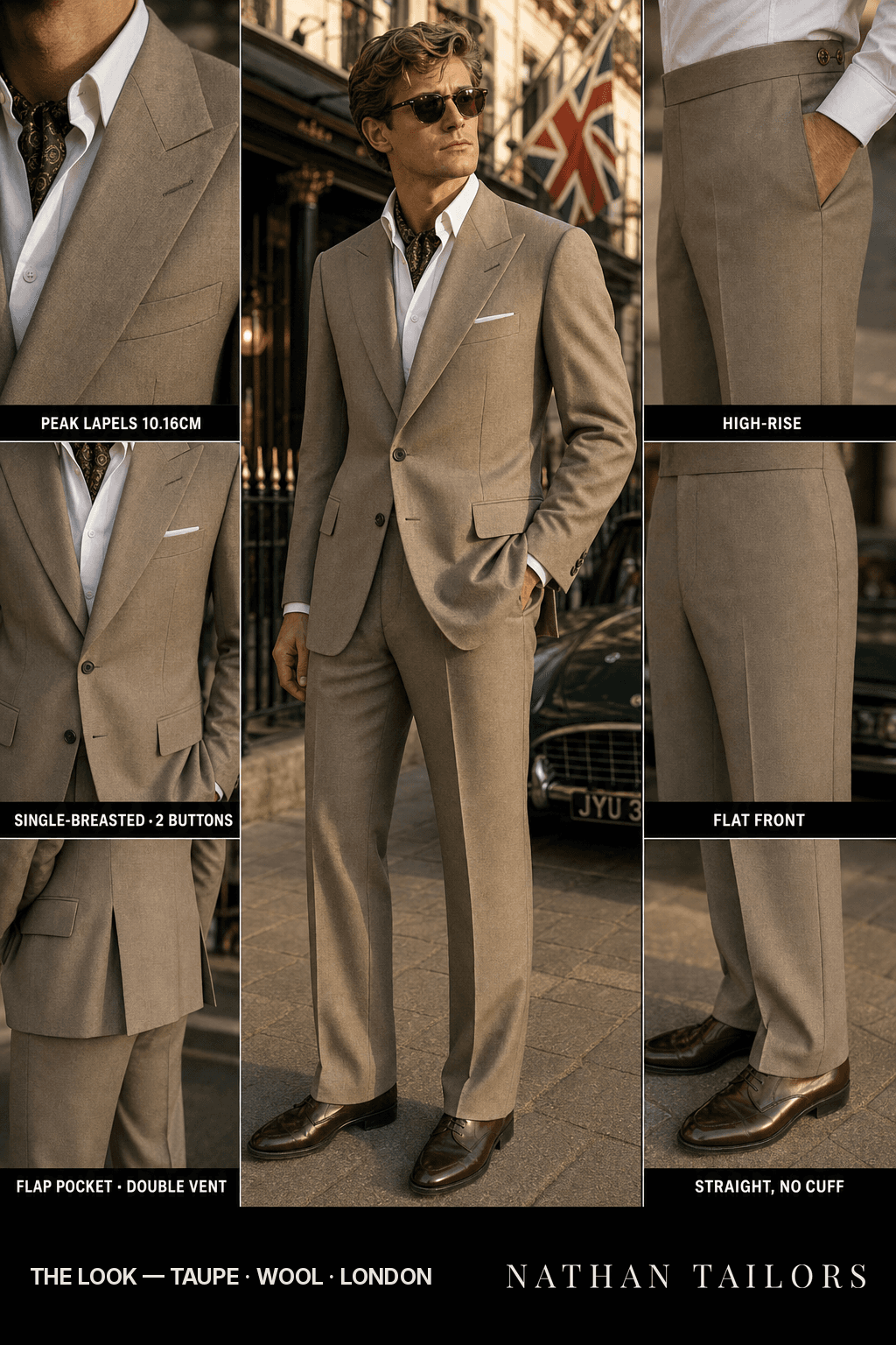taupe single-breasted bespoke suit — custom tailored by Nathan Tailors, the Hoi An custom tailor