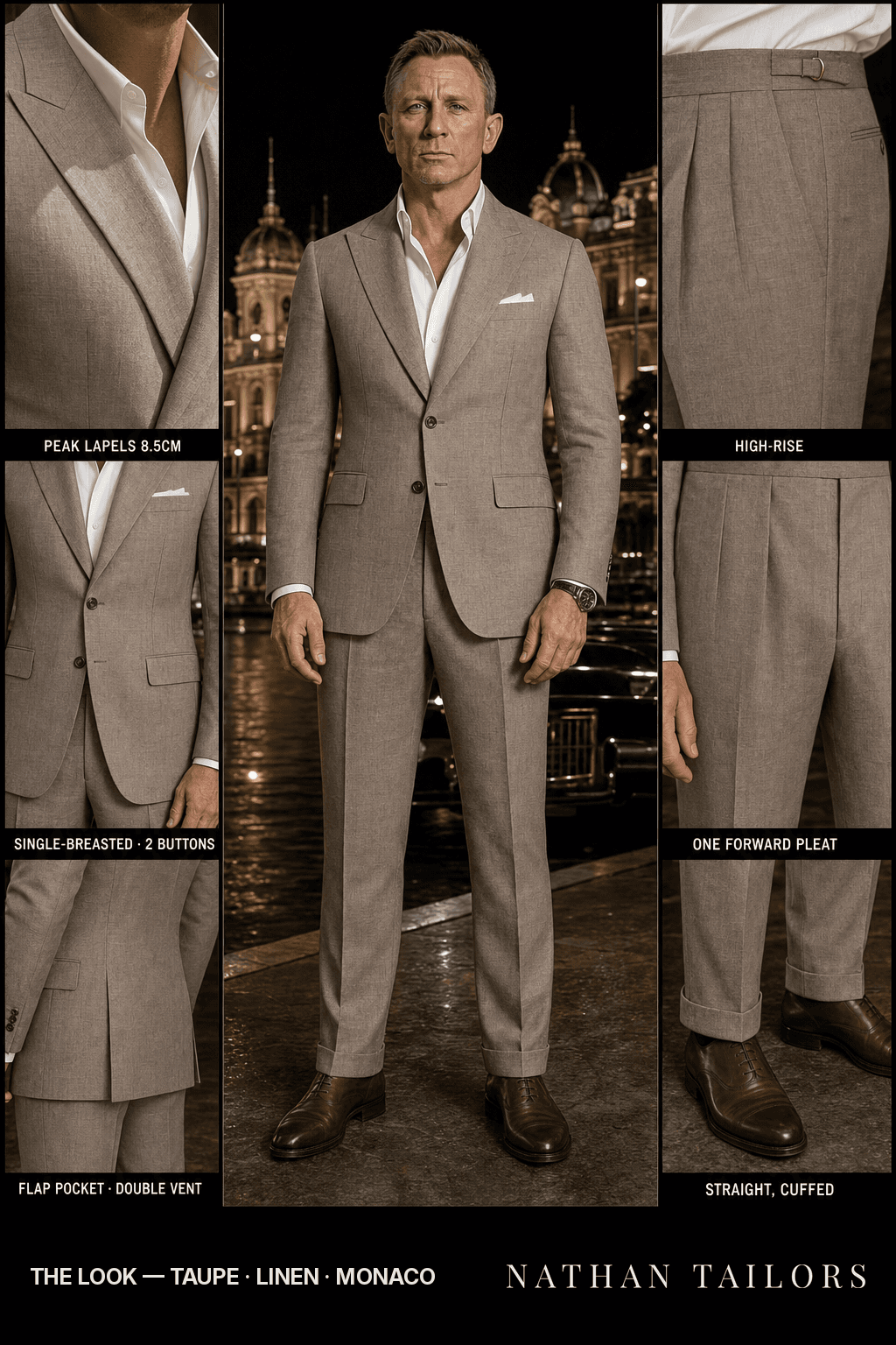taupe single-breasted bespoke suit — custom tailored by Nathan Tailors, the Hoi An custom tailor