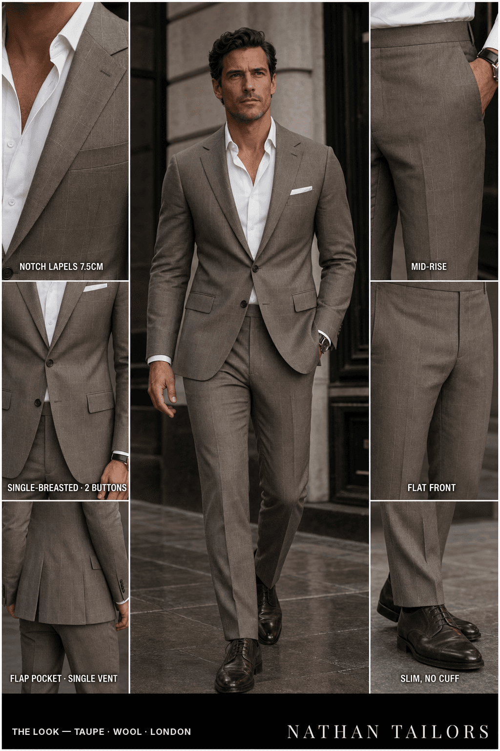 taupe windowpane single-breasted notch-lapel bespoke suit — AI-rendered by Nathan Tailors, the Hoi An custom tailor. Available as a custom tailored suit from $149.