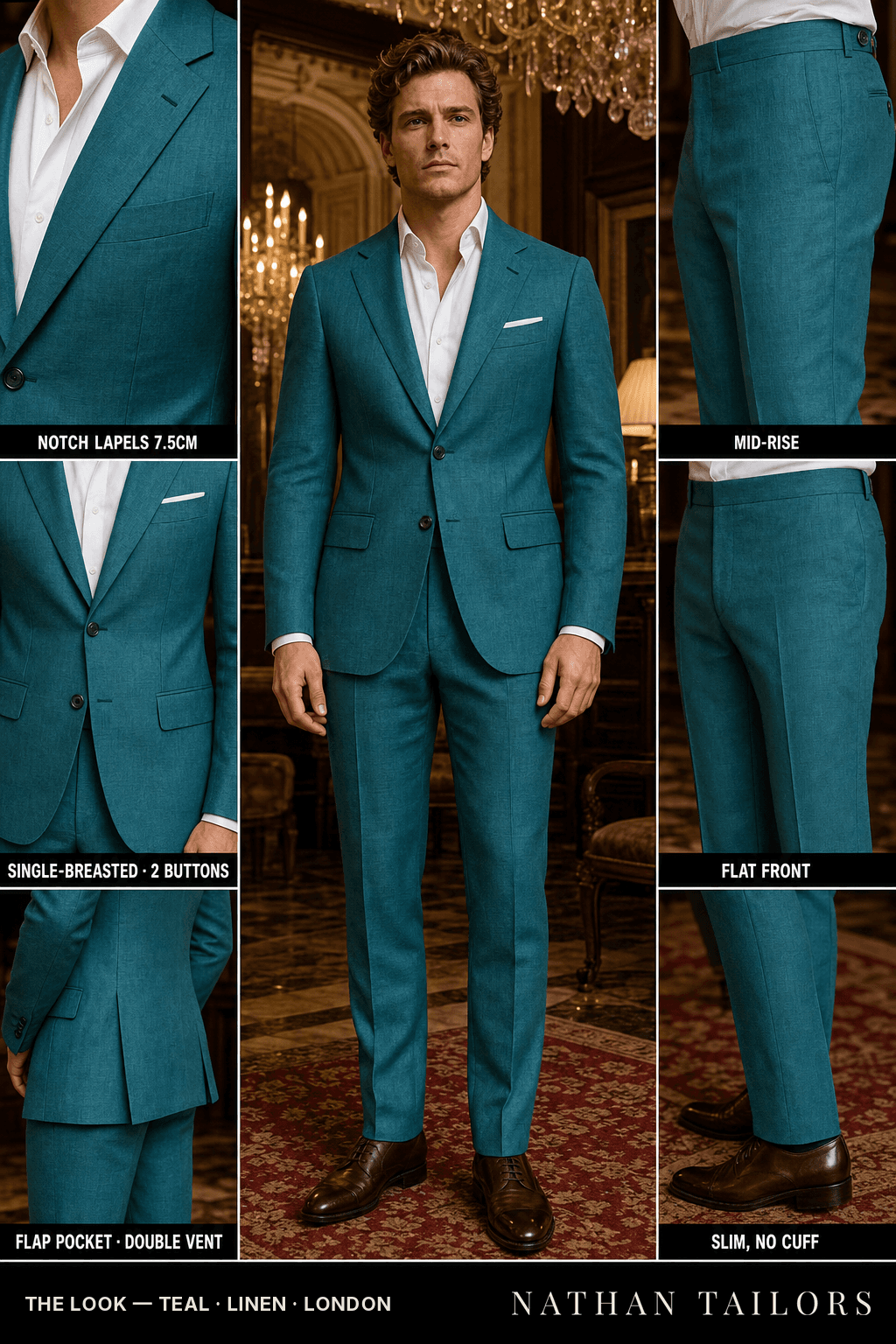 teal single-breasted bespoke suit — custom tailored by Nathan Tailors, the Hoi An custom tailor