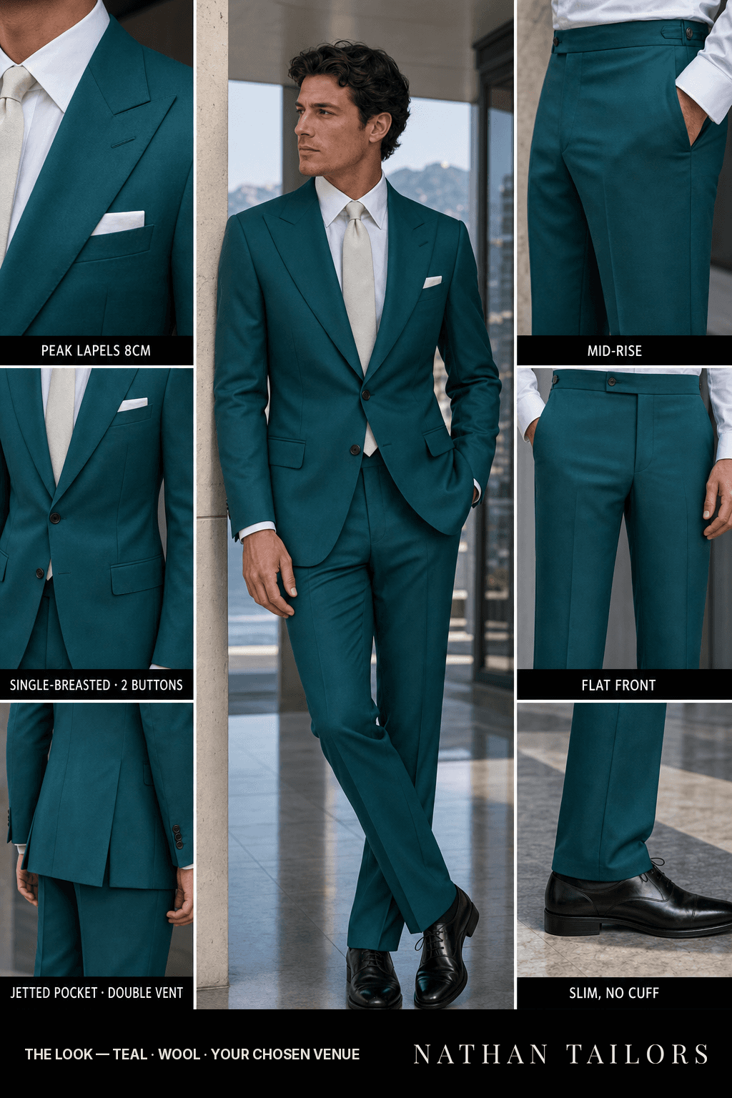 teal single-breasted bespoke suit — custom tailored by Nathan Tailors, the Hoi An custom tailor