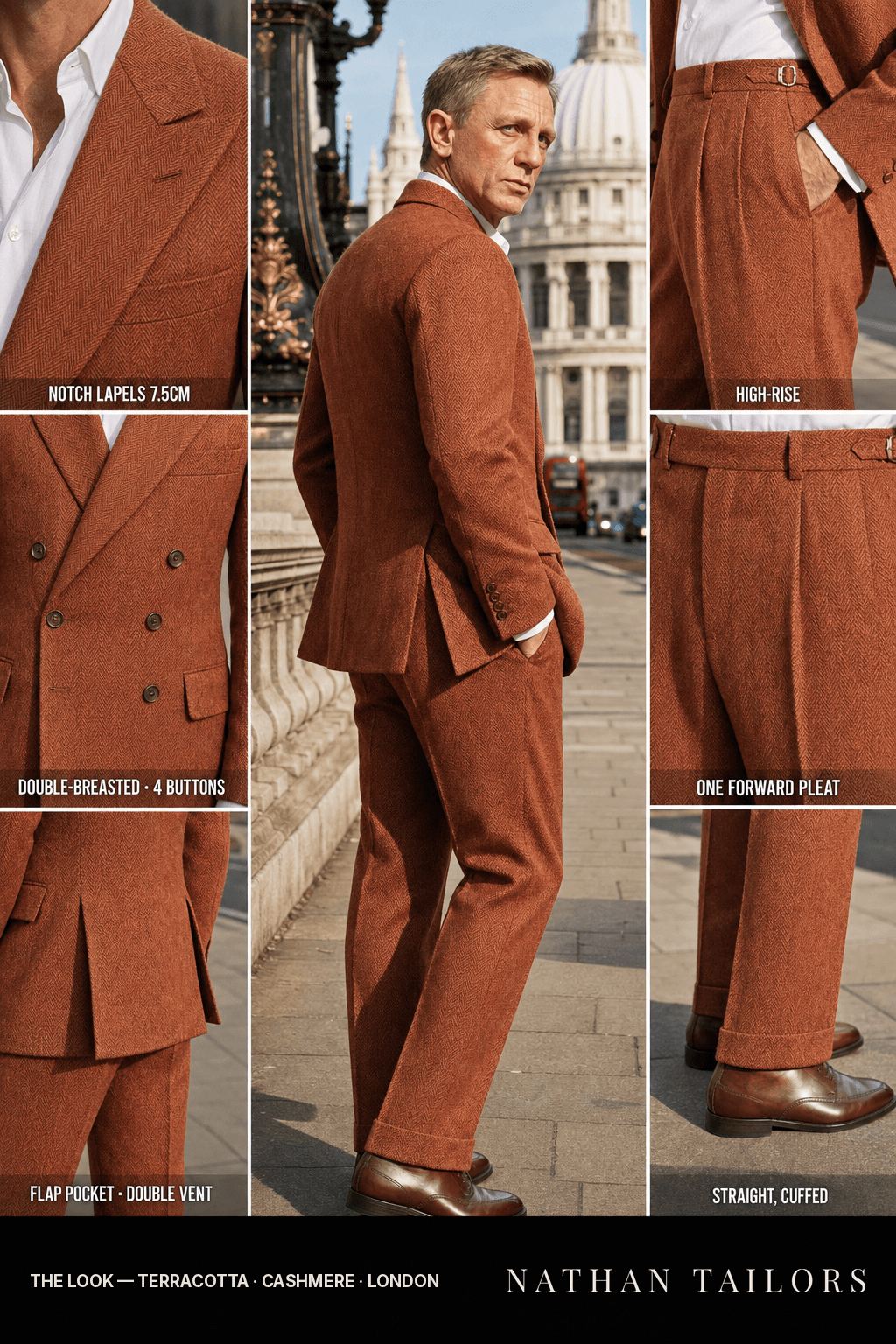 terracotta herringbone double-breasted bespoke suit — custom tailored by Nathan Tailors, the Hoi An custom tailor