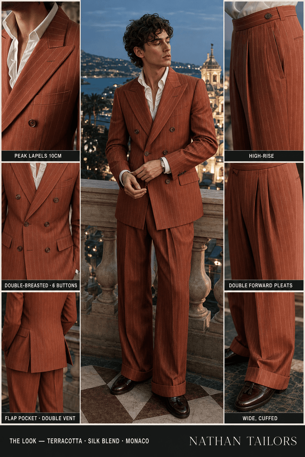 terracotta pinstripe double-breasted bespoke suit — custom tailored by Nathan Tailors, the Hoi An custom tailor