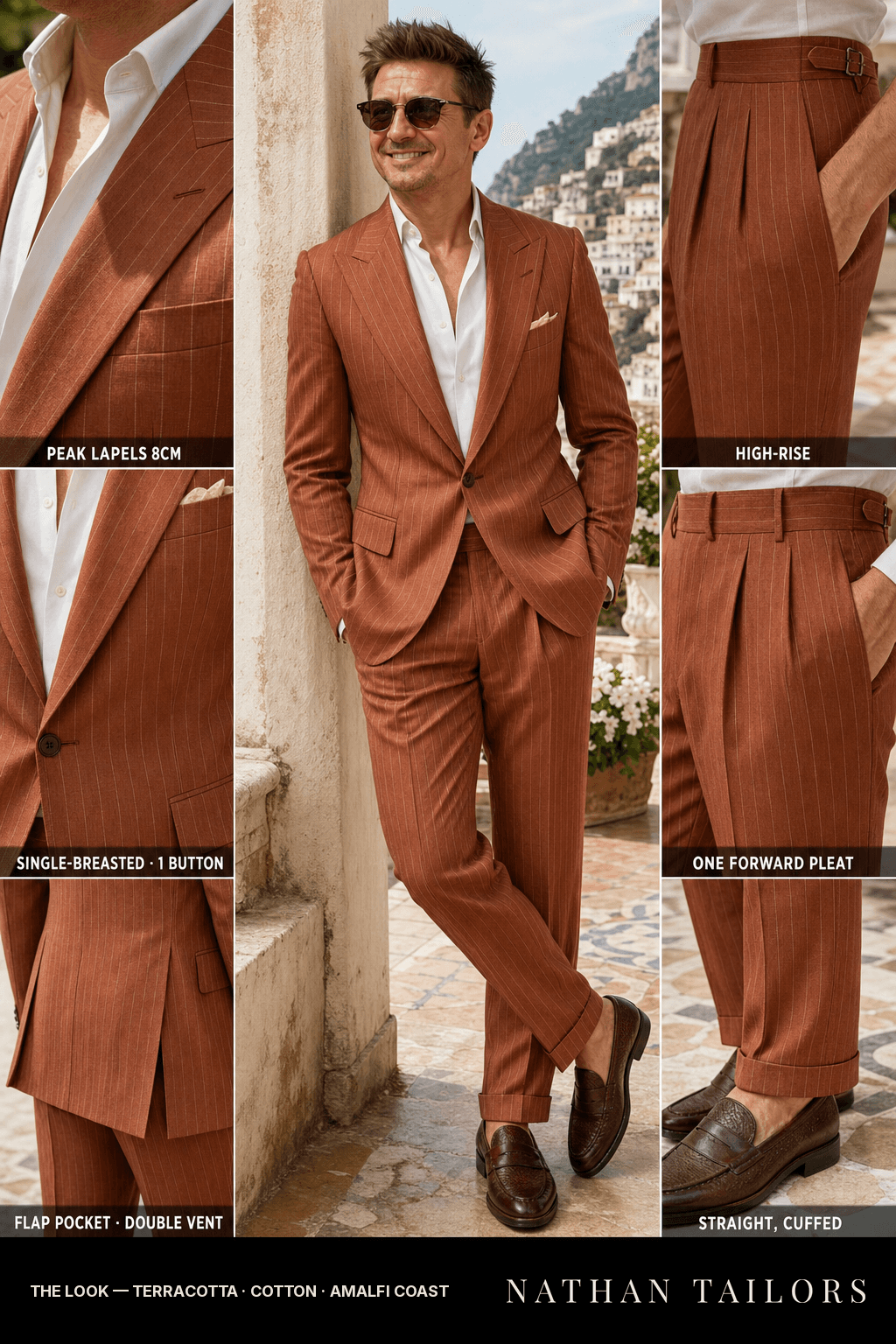 terracotta pinstripe single-breasted bespoke suit — custom tailored by Nathan Tailors, the Hoi An custom tailor