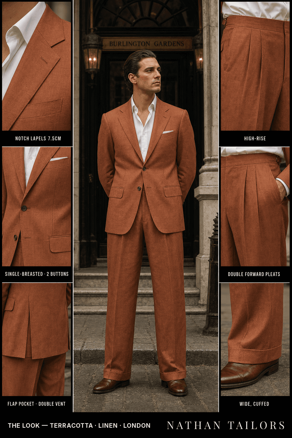 terracotta single-breasted notch-lapel bespoke suit — AI-rendered by Nathan Tailors, the Hoi An custom tailor. Available as a custom tailored suit from $149.