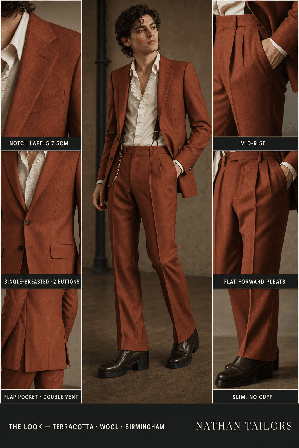 terracotta single-breasted notch-lapel bespoke suit — AI-rendered by Nathan Tailors, the Hoi An custom tailor. Available as a custom tailored suit from $149.