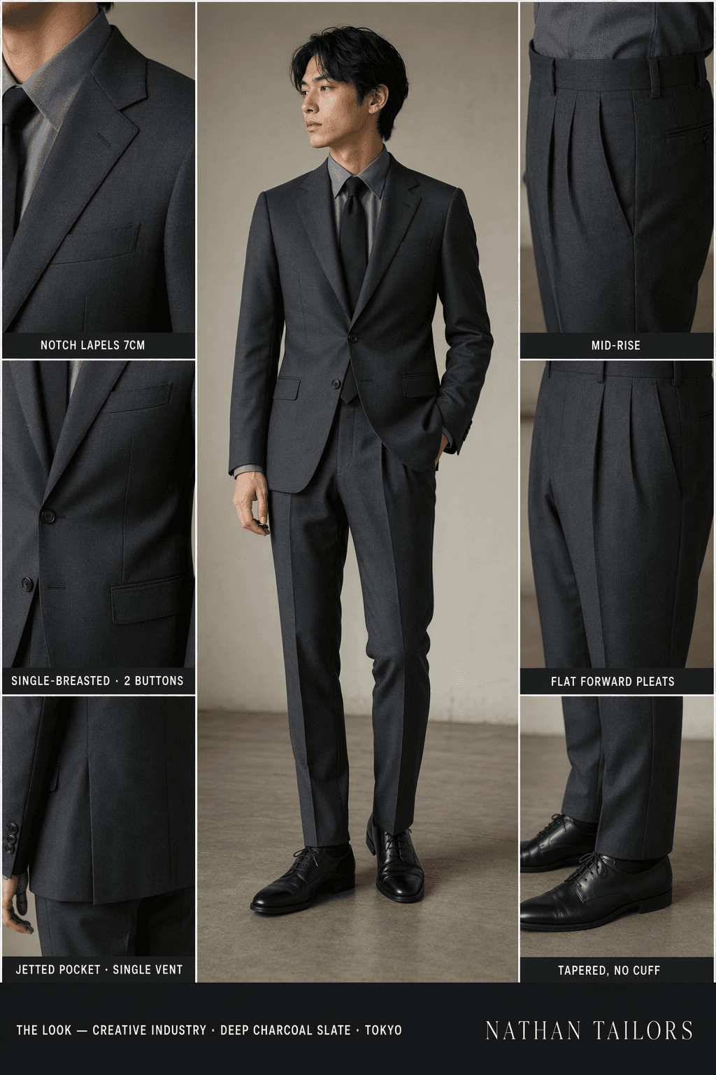deep charcoal slate single-breasted suit — Nathan Tailors Hoi An tailor Atelier render