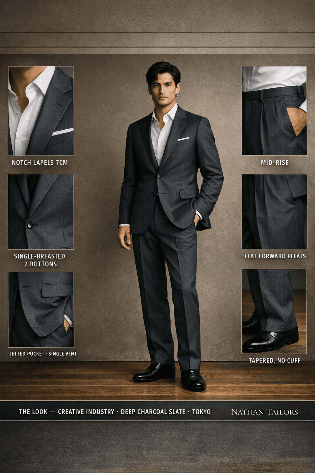 deep charcoal slate single-breasted suit — Nathan Tailors Hoi An tailor Atelier render