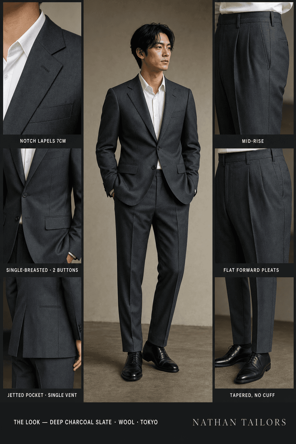 deep charcoal slate single-breasted bespoke suit — custom tailored by Nathan Tailors, the Hoi An custom tailor
