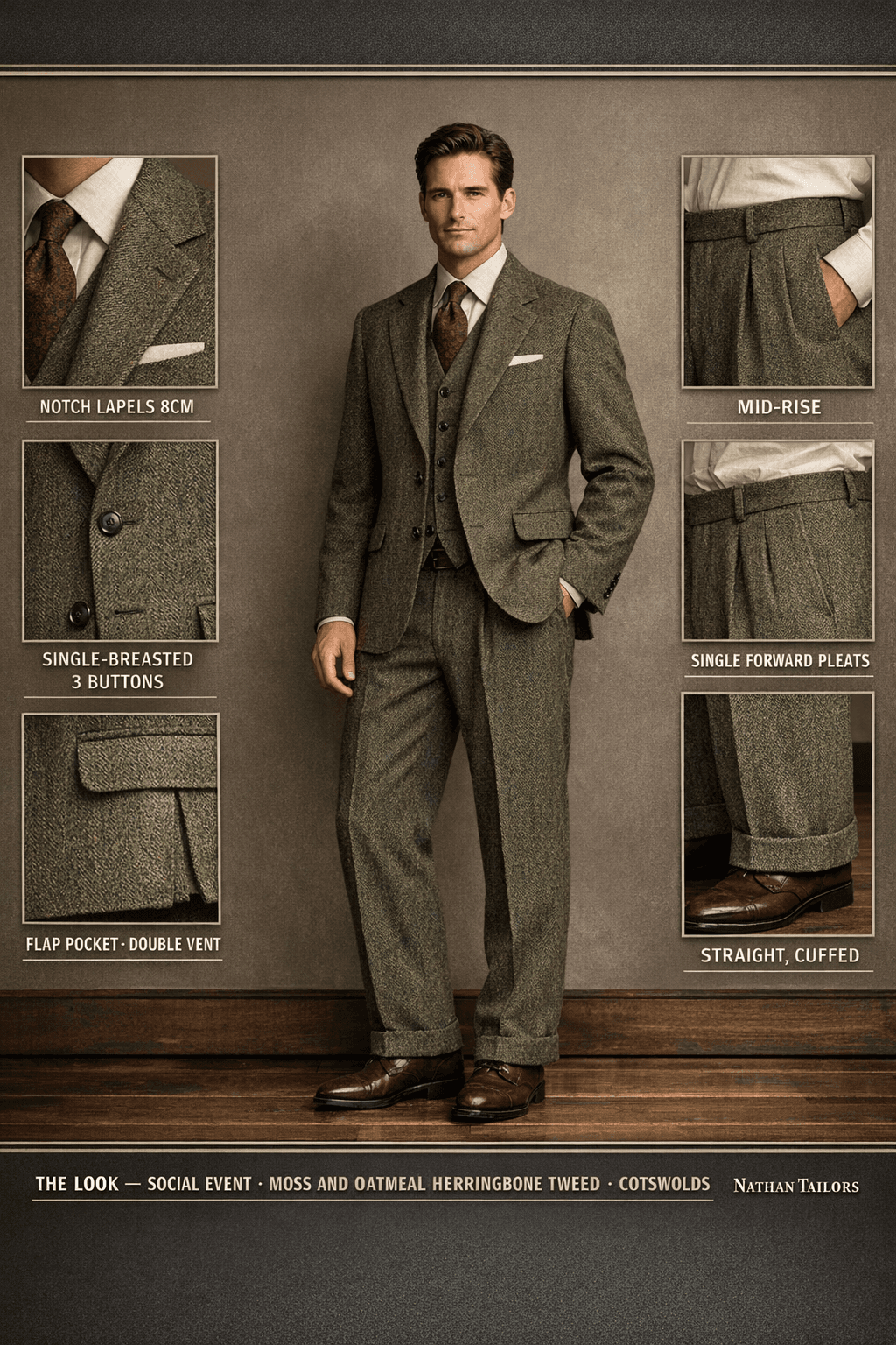 moss and oatmeal herringbone tweed single-breasted suit — Nathan Tailors Hoi An tailor Atelier render
