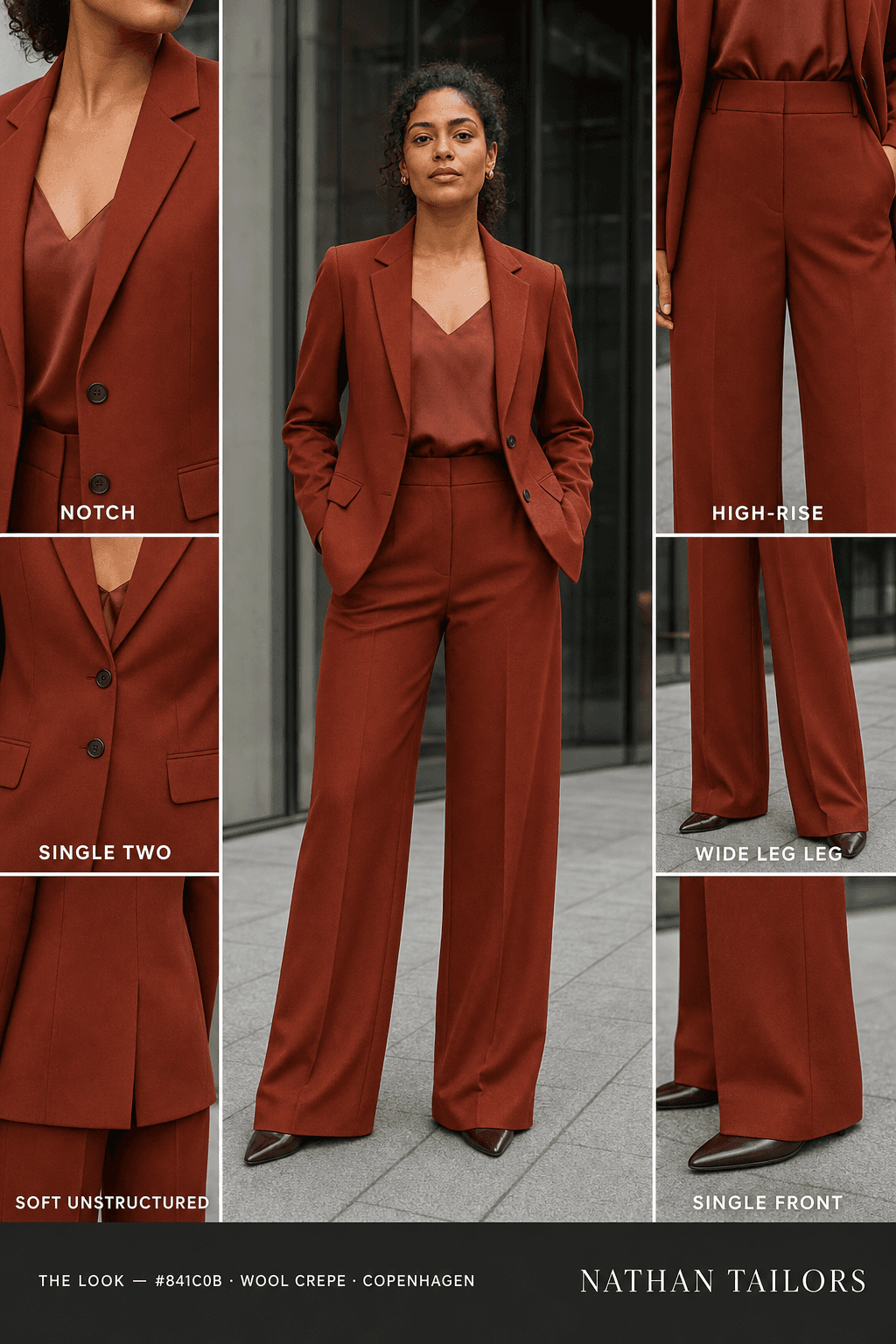Women's suit in #841c0b — custom tailored by Nathan Tailors, shipped worldwide