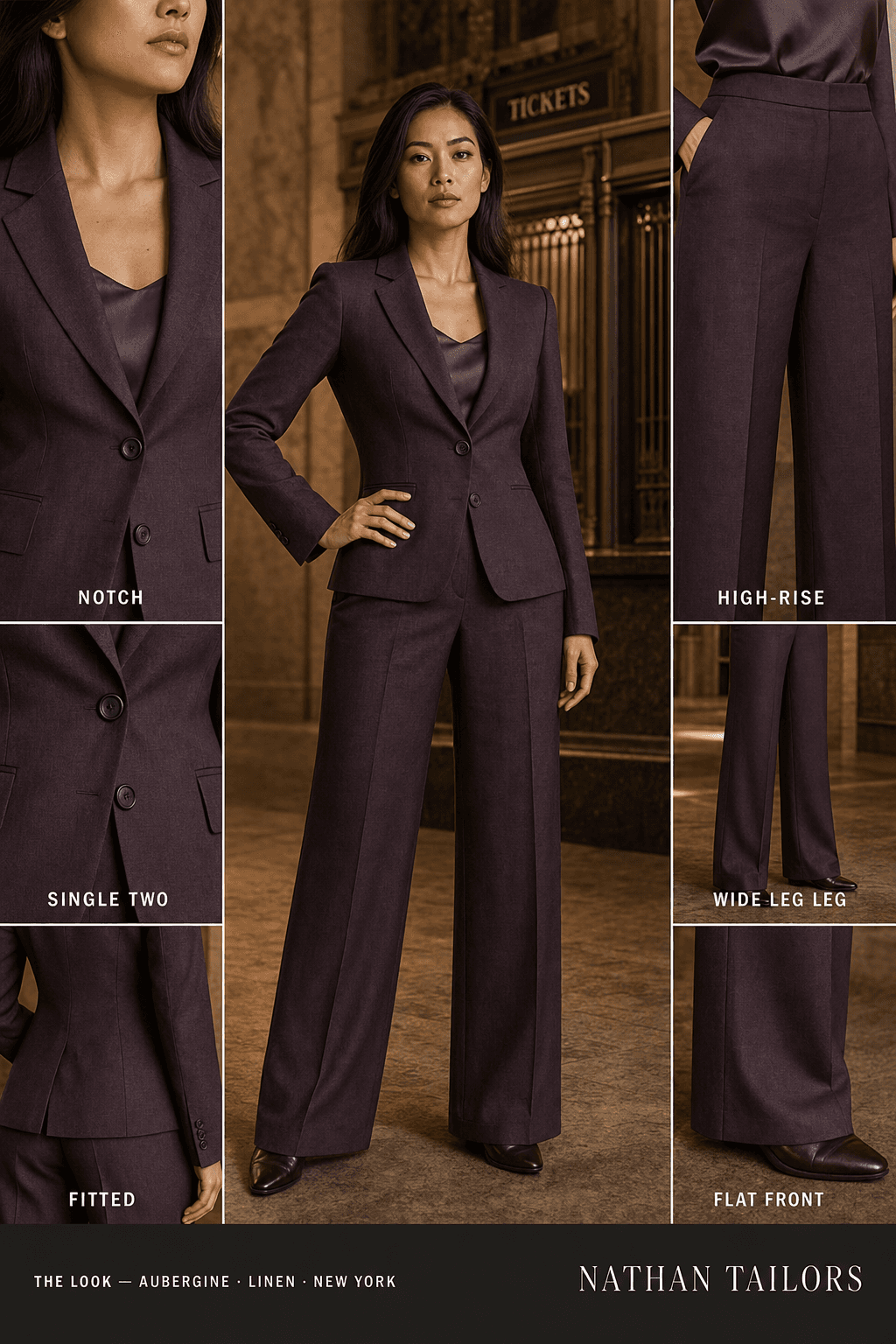 fitted women's pant suit in aubergine — AI-rendered by Nathan Tailors, made to measure for women and shipped worldwide.
