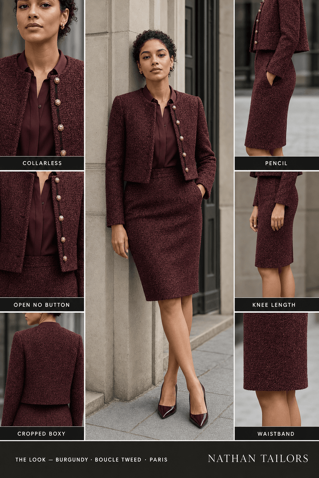 cropped boxy tweed texture women's skirt suit in burgundy — AI-rendered by Nathan Tailors, made to measure for women and shipped worldwide.