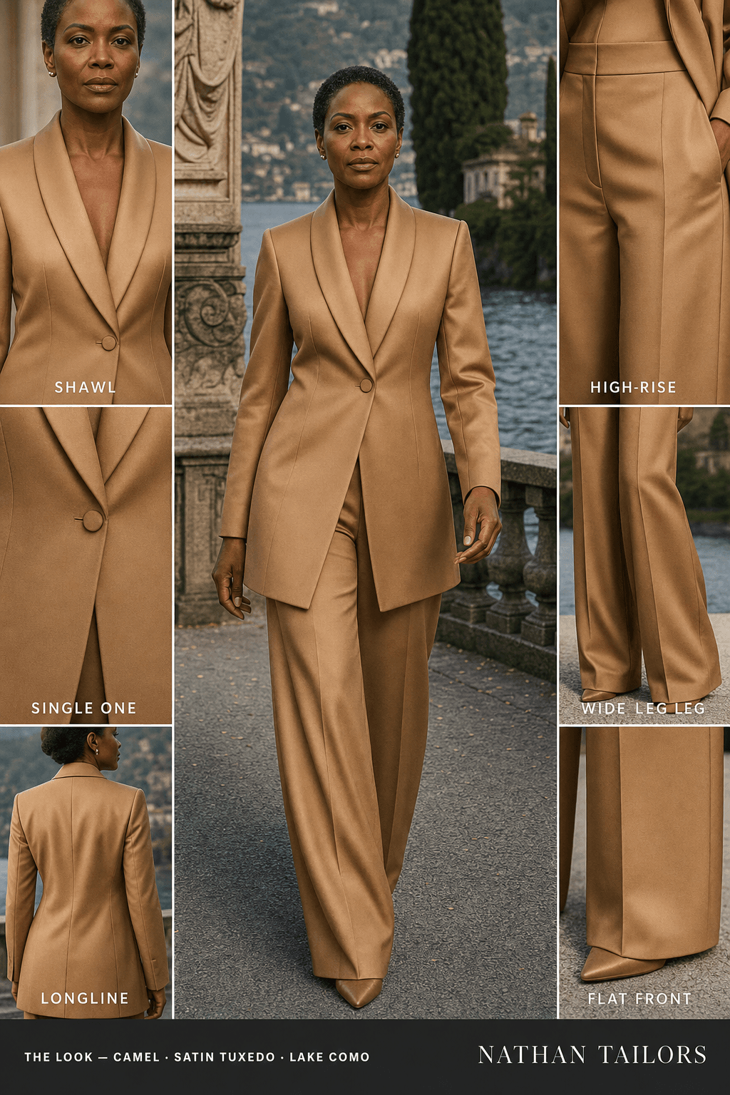 Women's suit in camel — custom tailored by Nathan Tailors, shipped worldwide