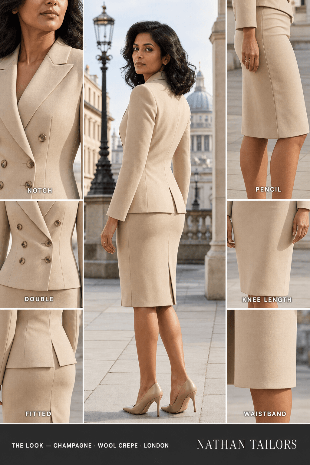 Women's suit in champagne — custom tailored by Nathan Tailors, shipped worldwide