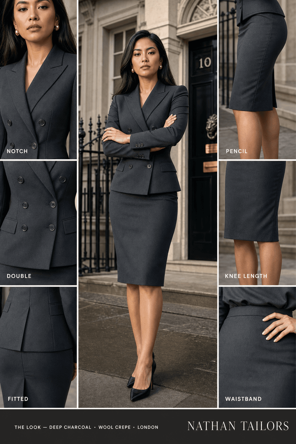 Women's suit in deep charcoal — custom tailored by Nathan Tailors, shipped worldwide