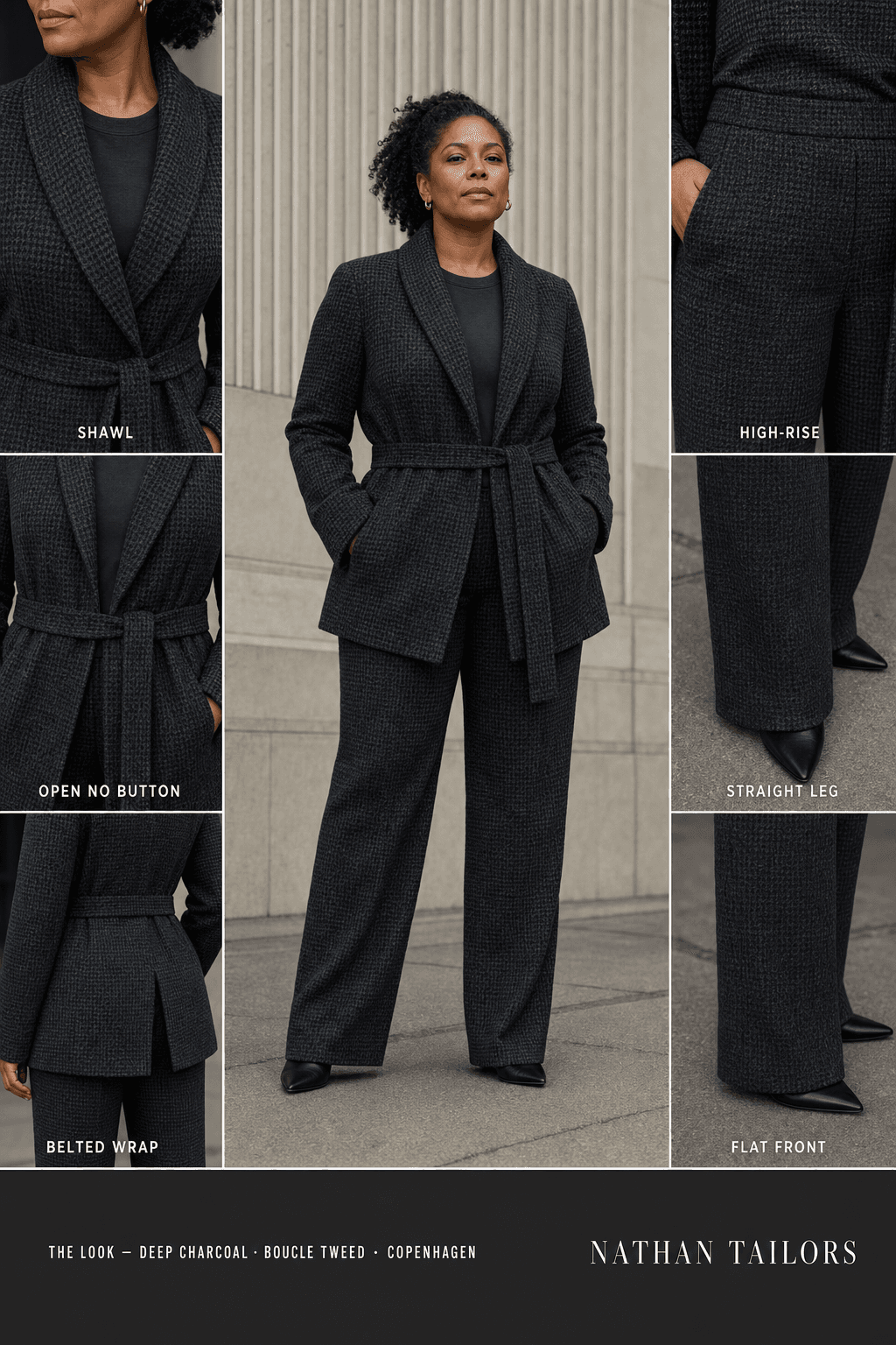 Women's suit in deep charcoal houndstooth — custom tailored by Nathan Tailors, shipped worldwide