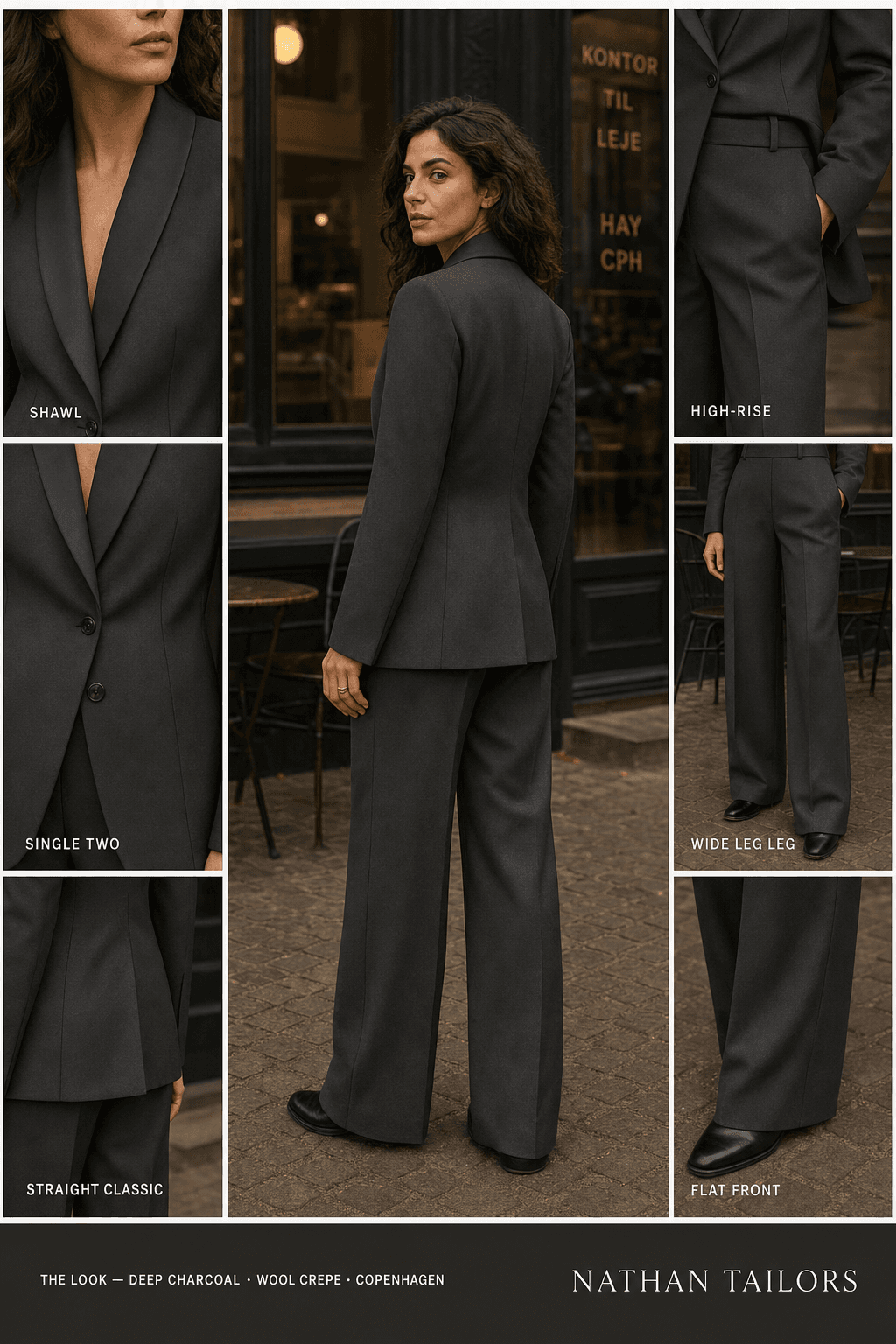 straight classic women's pant suit in deep charcoal — AI-rendered by Nathan Tailors, made to measure for women and shipped worldwide.