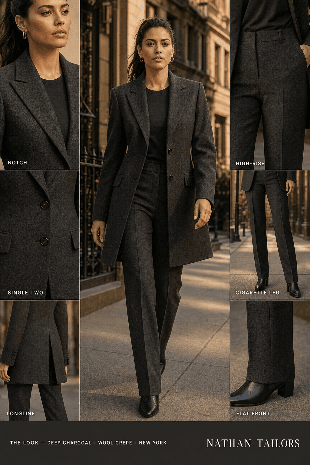 longline tweed texture women's pant suit in deep charcoal — AI-rendered by Nathan Tailors, made to measure for women and shipped worldwide.