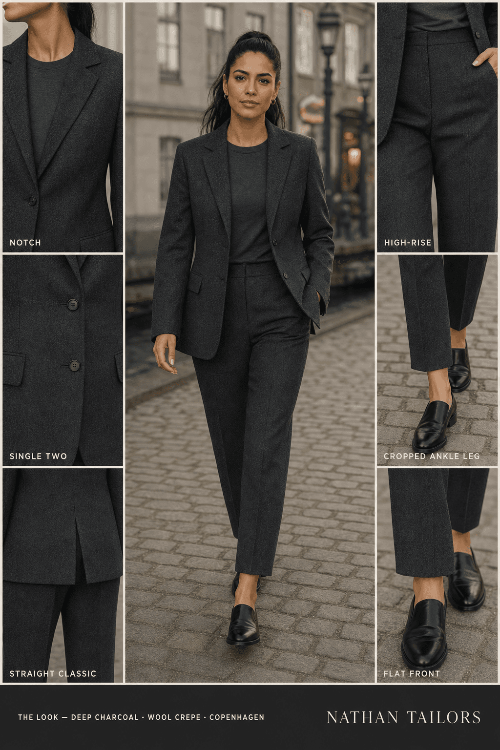 Women's suit in deep charcoal tweed_texture — custom tailored by Nathan Tailors, shipped worldwide