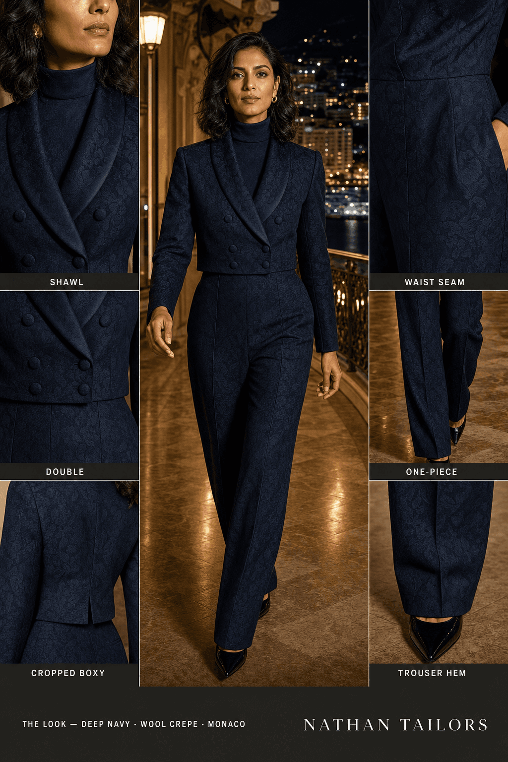 cropped boxy floral jacquard women's jumpsuit in deep navy — AI-rendered by Nathan Tailors, made to measure for women and shipped worldwide.