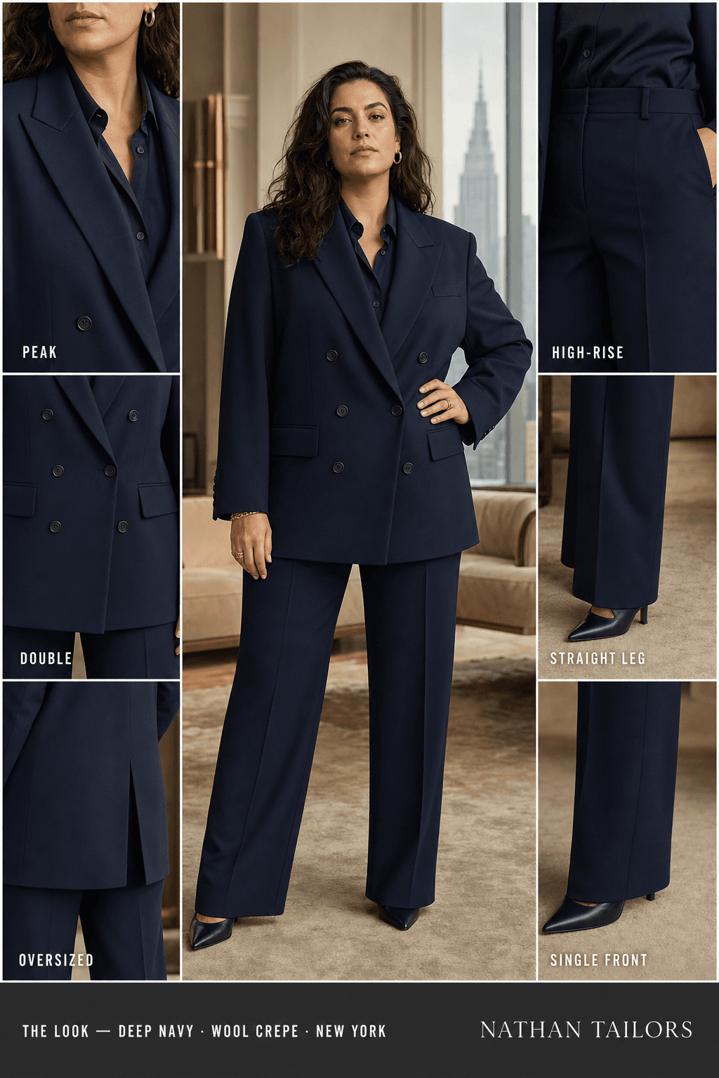 Women's suit in deep navy — custom tailored by Nathan Tailors, shipped worldwide