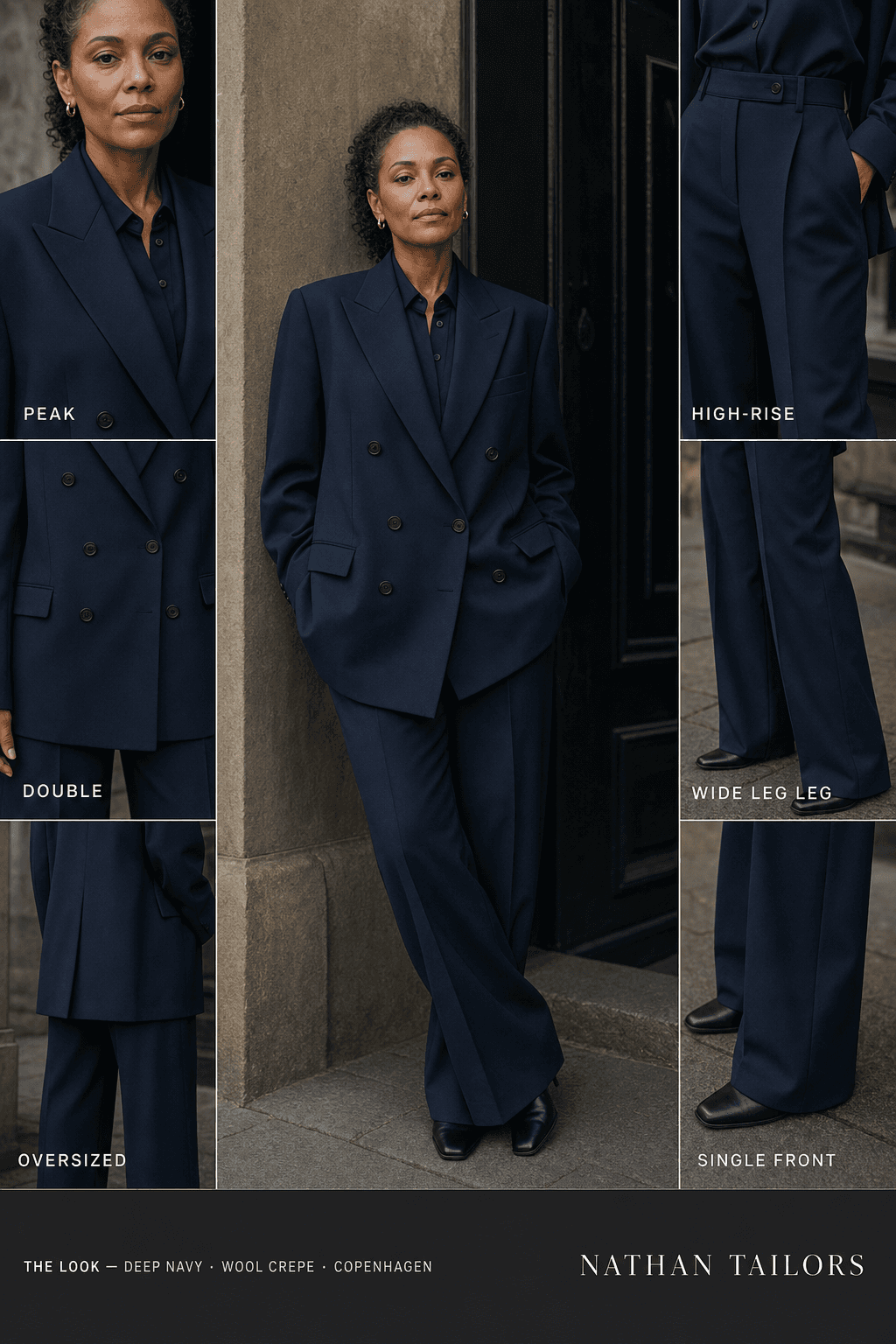 Women's suit in deep navy — custom tailored by Nathan Tailors, shipped worldwide