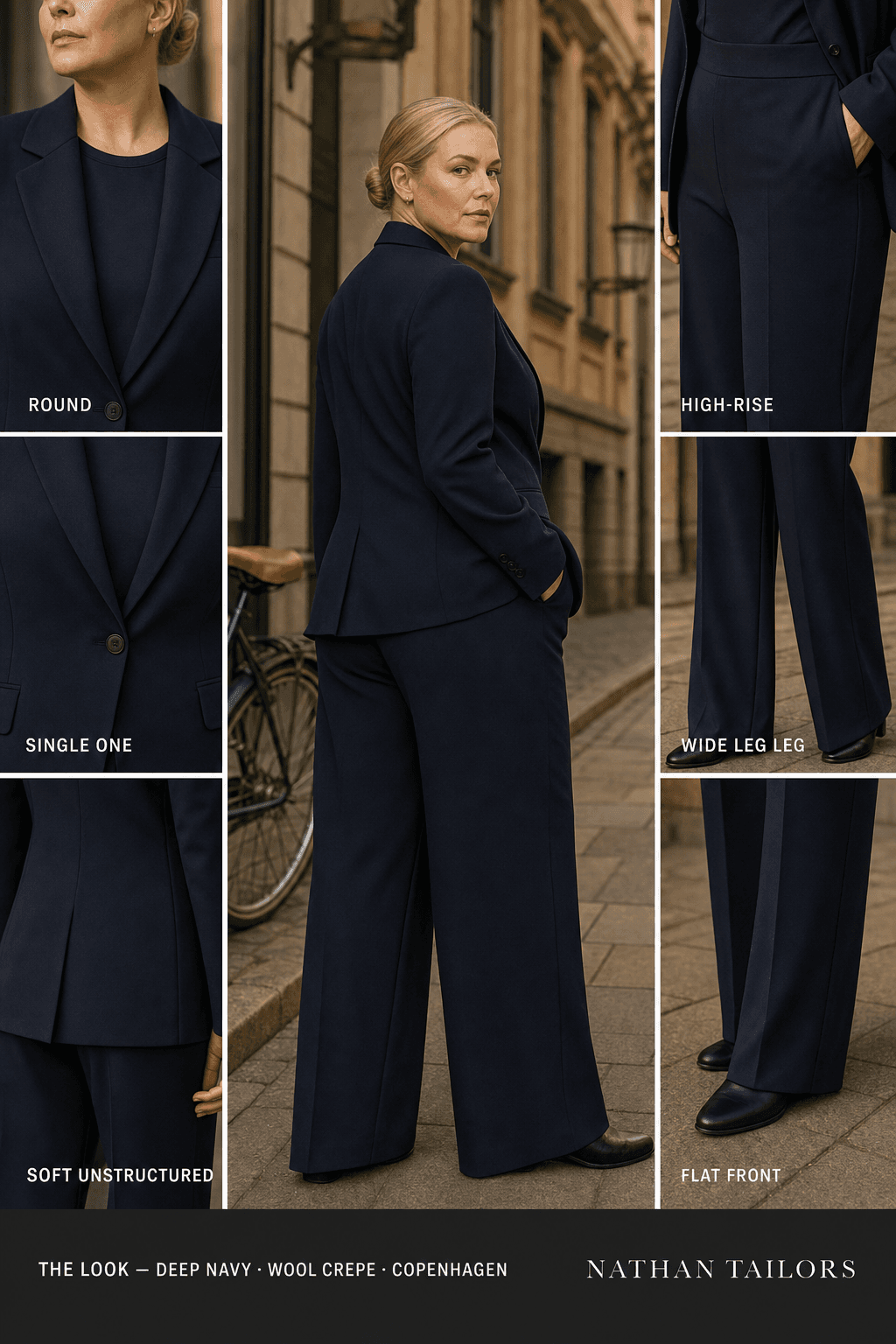 Women's suit in deep navy — custom tailored by Nathan Tailors, shipped worldwide