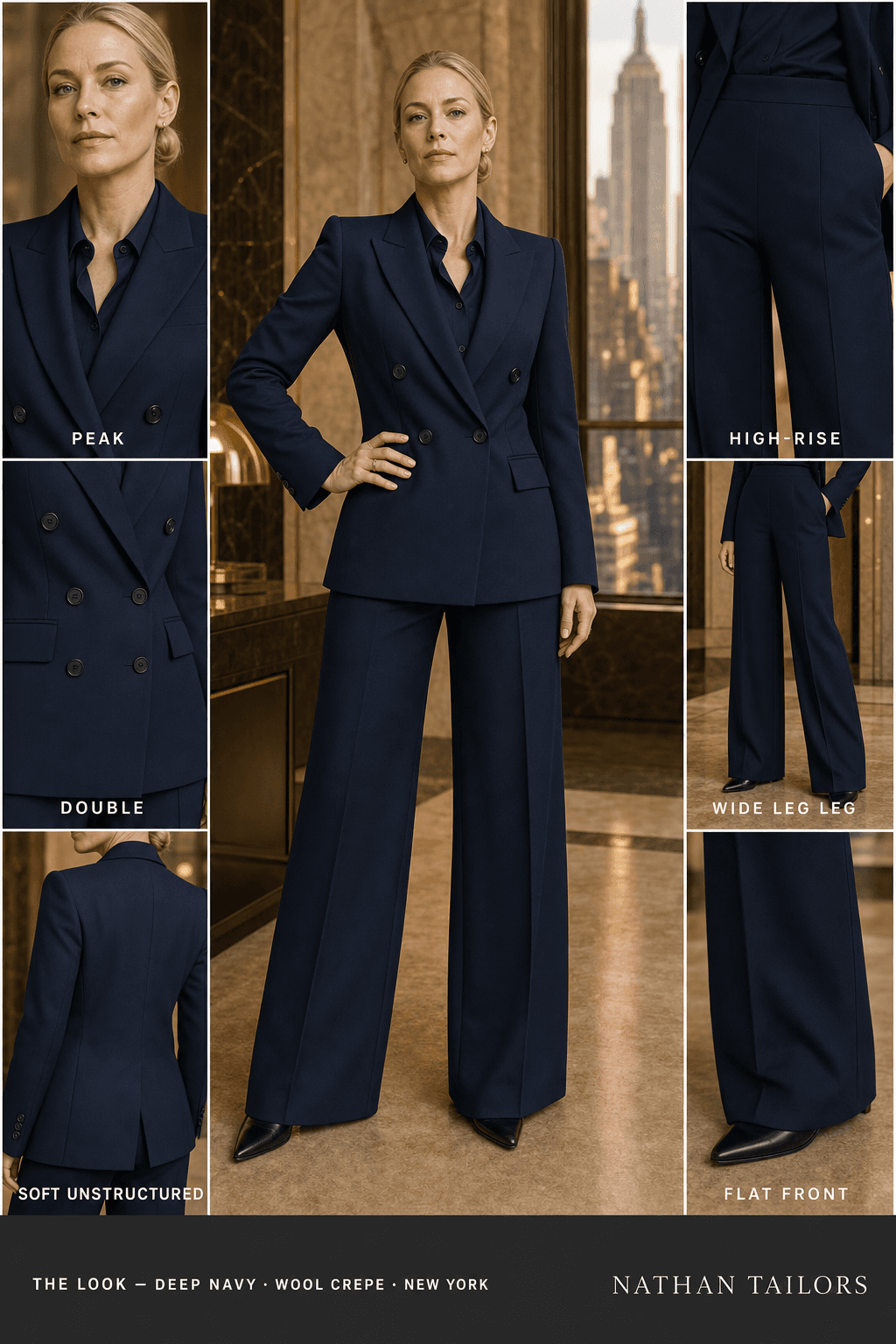 soft unstructured women's pant suit in deep navy — AI-rendered by Nathan Tailors, made to measure for women and shipped worldwide.