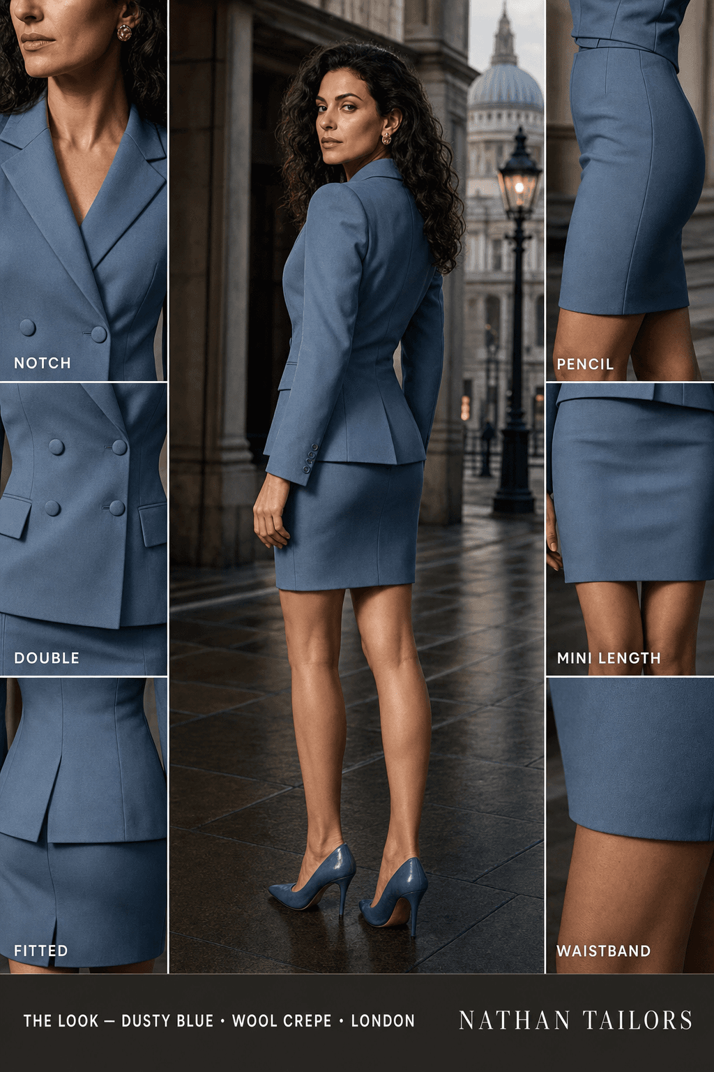 fitted women's skirt suit in dusty blue — AI-rendered by Nathan Tailors, made to measure for women and shipped worldwide.
