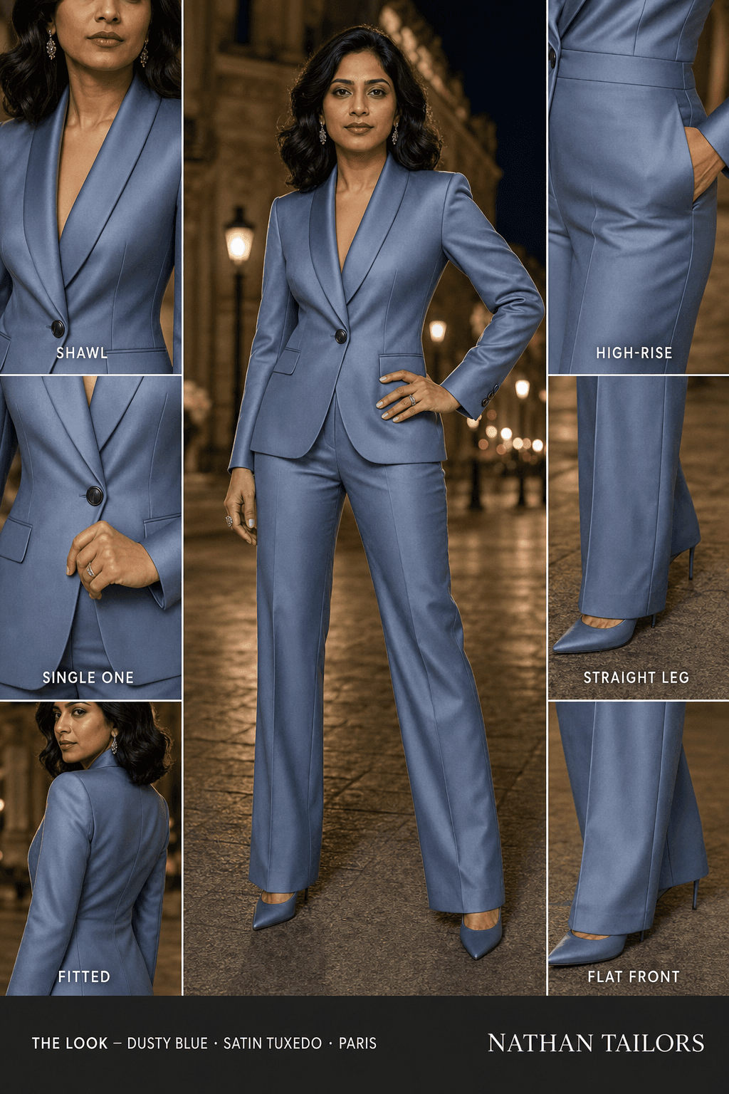 Women's suit in dusty blue — custom tailored by Nathan Tailors, shipped worldwide