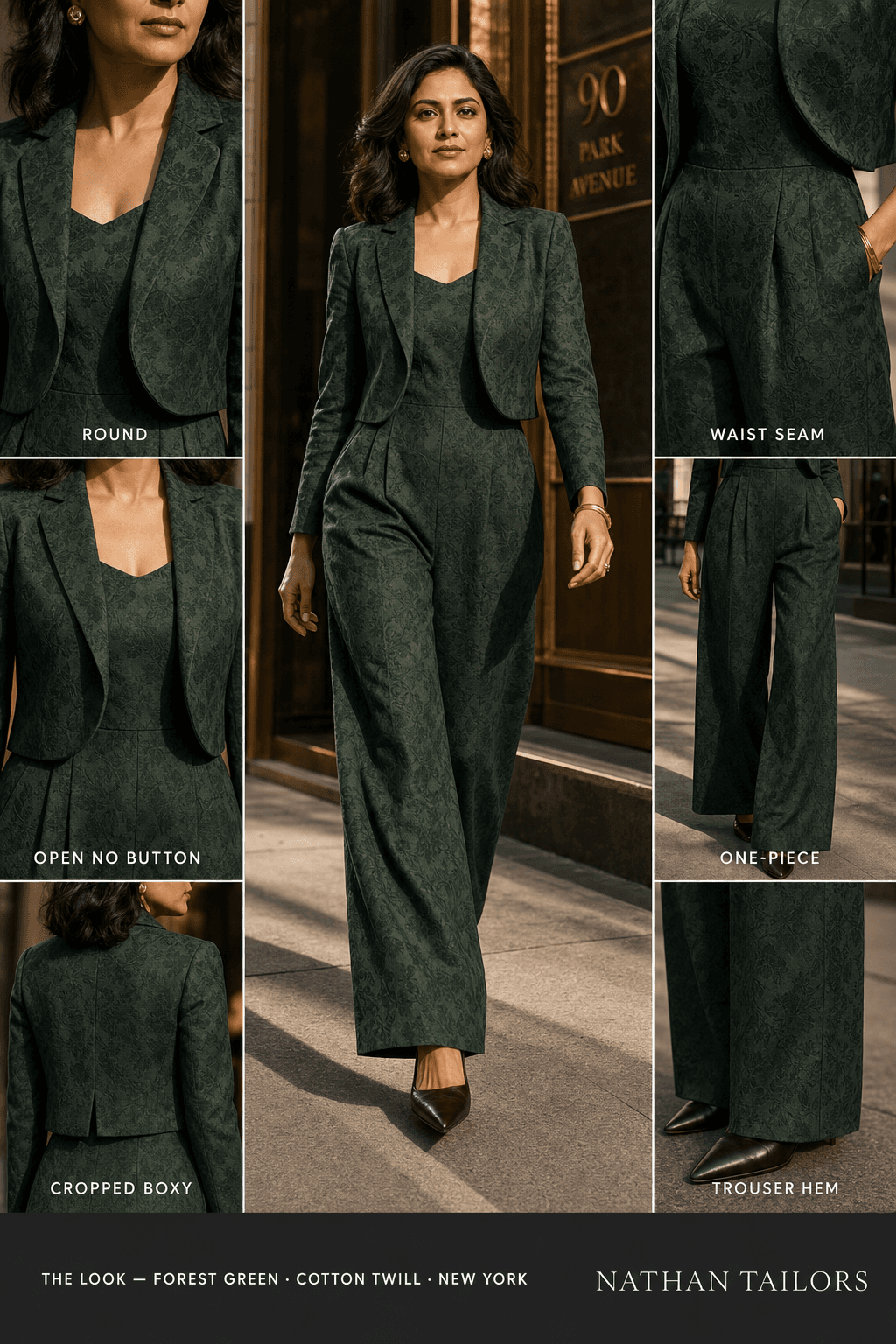 cropped boxy floral jacquard women's jumpsuit in forest green — AI-rendered by Nathan Tailors, made to measure for women and shipped worldwide.