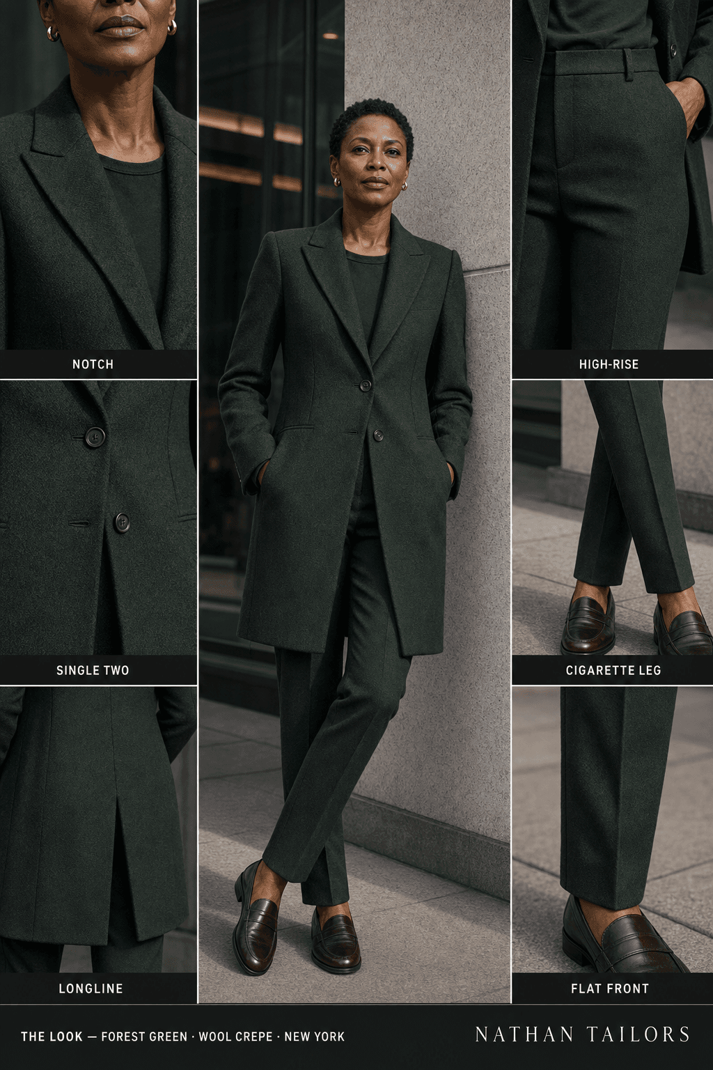 Women's suit in forest green tweed_texture — custom tailored by Nathan Tailors, shipped worldwide