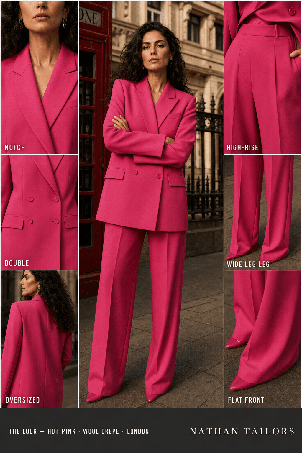 oversized women's pant suit in hot pink — AI-rendered by Nathan Tailors, made to measure for women and shipped worldwide.