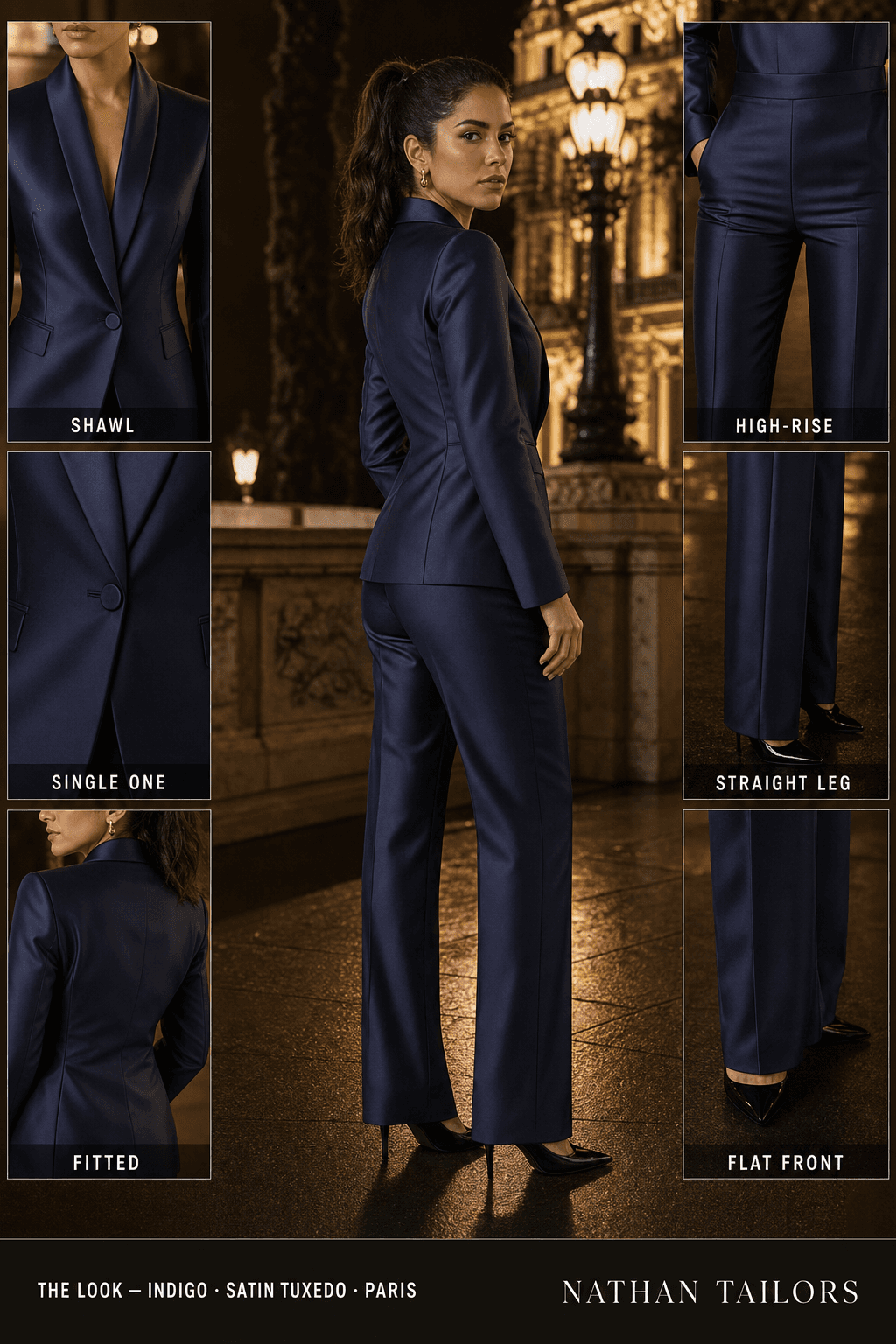 Women's suit in indigo — custom tailored by Nathan Tailors, shipped worldwide