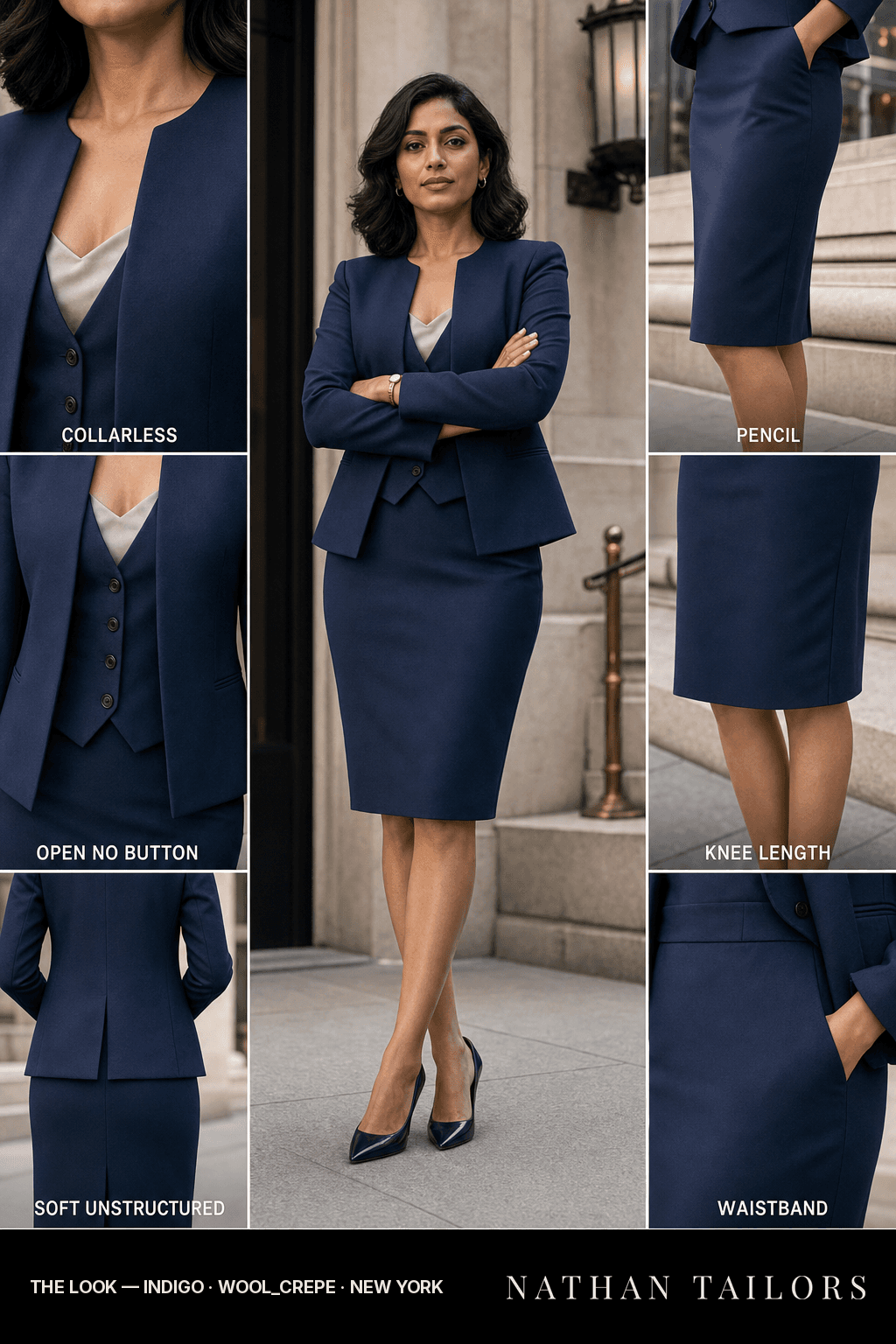 Women's suit in indigo — custom tailored by Nathan Tailors, shipped worldwide