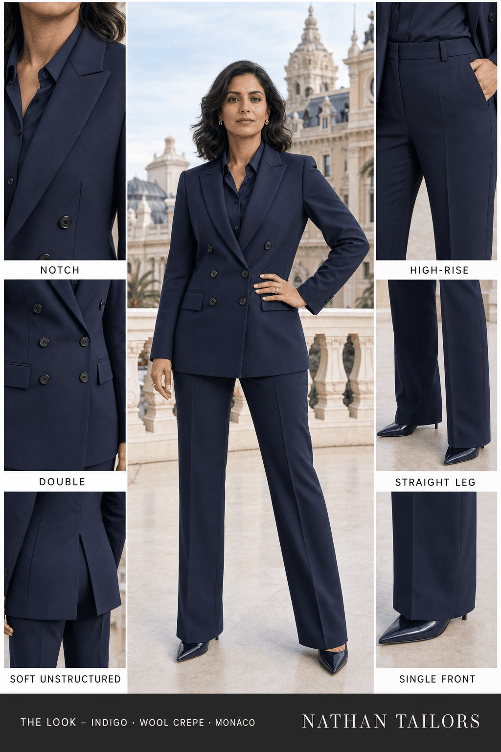 Women's suit in indigo — custom tailored by Nathan Tailors, shipped worldwide